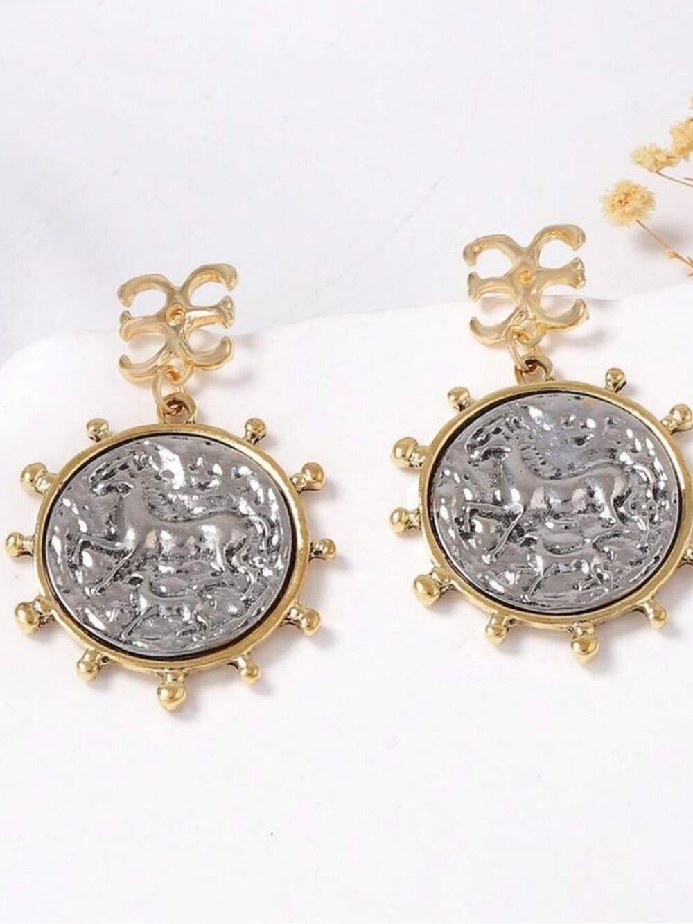 Equestrian Coin Statement Earrings Stainless Steel Gold Horse Medallion
